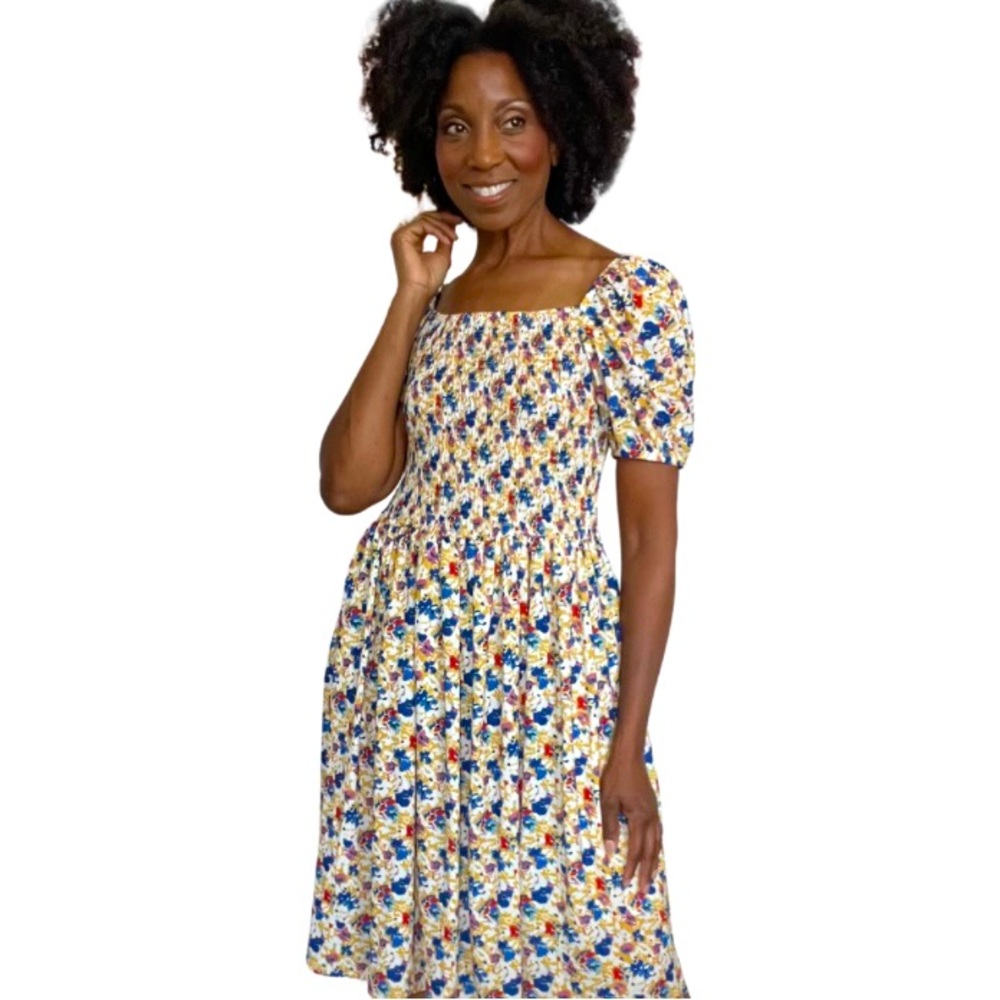 LITTLE PARTY DRESS || MIDI SHORT SLEEVE || COLORFUL FLORAL PRINT || SIZE: 14